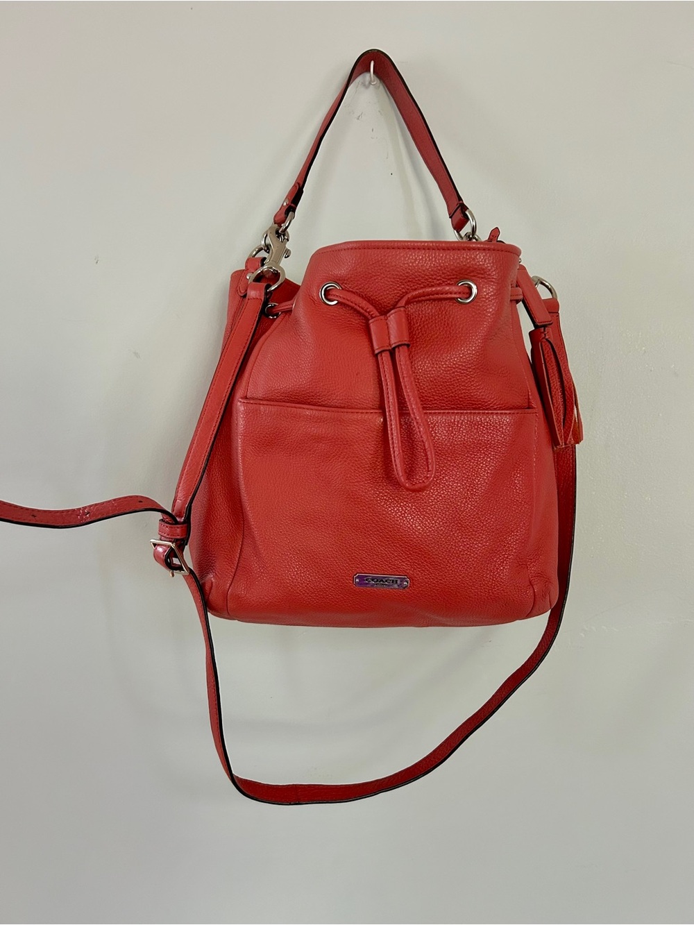 Coach Avery Pebbled Leather Drawstring Bucket Bag Coral Crossbody Purse 27003